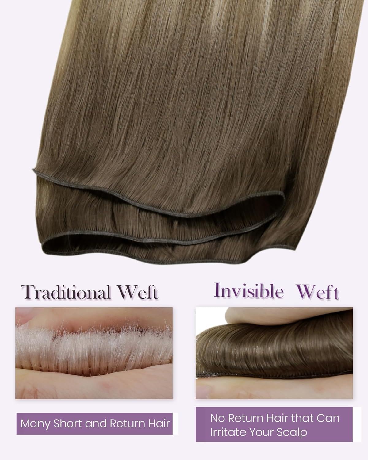 LaaVoo Undetectable Weft Hair Extensions Real Human Hair 20 Inch 60g Balayage Light Brown to Ash Blonde & White Blonde Seamless Double Weft Weave Remy Extensions #8/18/60 - Image 3