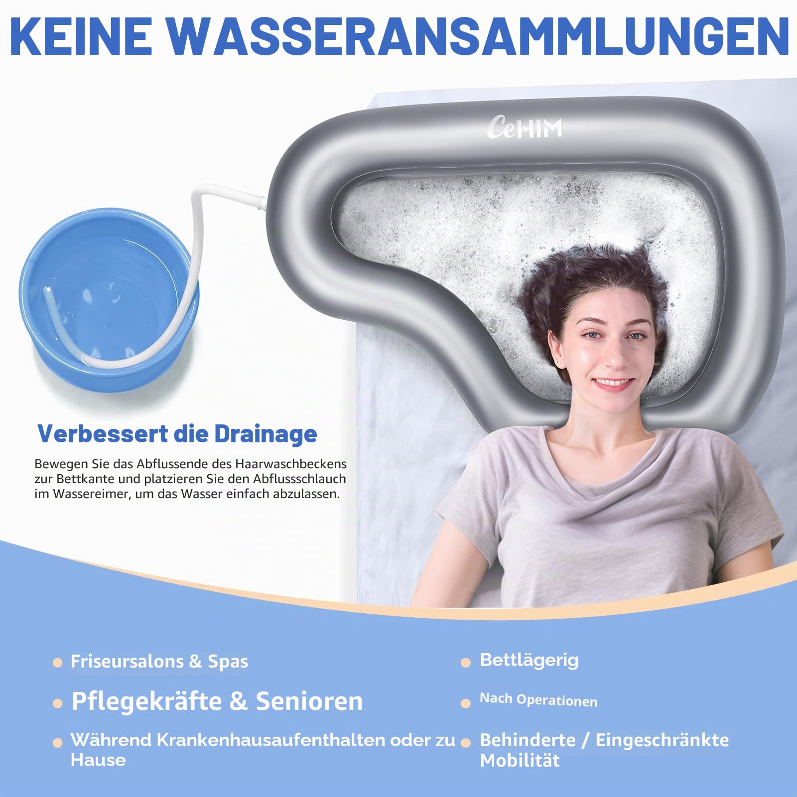 Aufblasbares Shampoo-Waschbecken, Tragbares Haarwaschbecken für Bettlägerige, Behinderte & Ältere Menschen, Mit Ablaufschlauch, Pflegeleicht & Stabil (Silver)
