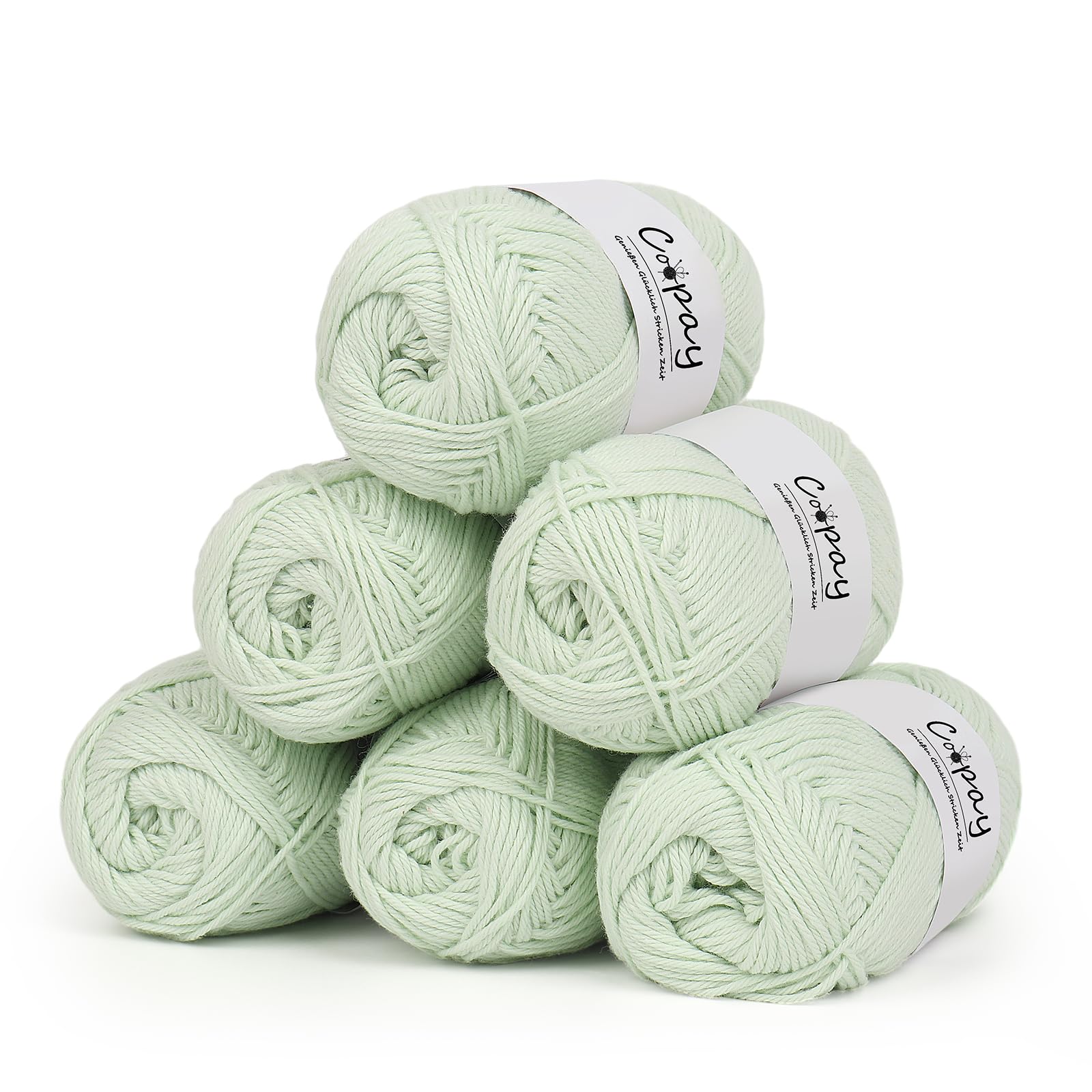 Coopay Wolle zum Häkeln, 100% Baumwolle zum Stricken, 6 x 50g Weiches Häkelgarn Baumwolle zum Häkeln, Babywolle Baumwollgarn für Pullover, Socken, Babydecke - Hellgrün
