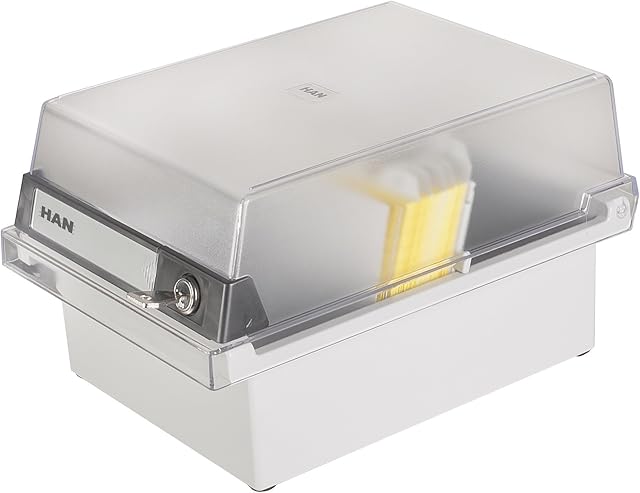 HAN 966-S-631, Card filing box Special Edition A6 landscape. Innovative, attractive design holds 800 cards with lock, readjustable lid supplied with large inscription label, light-grey-translucent