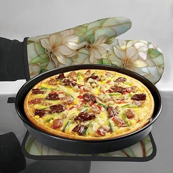 Stained Glass White Magnolia Flowers Oven Mitts and Pot Holders Sets,Heat Resistant Potholder Kitchen Decor for Cooking Baking BBQ, Oven Glove Set