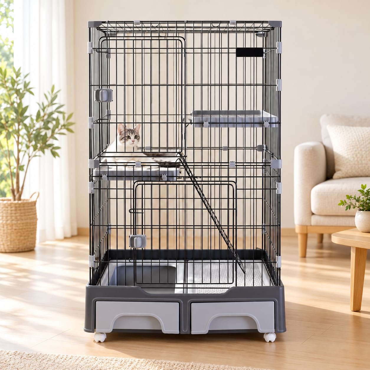 猫ケージ 2段 幅83×奥行59×高さ132cm トイレ付き 引き出し式 収納付き キャスター付き グレー