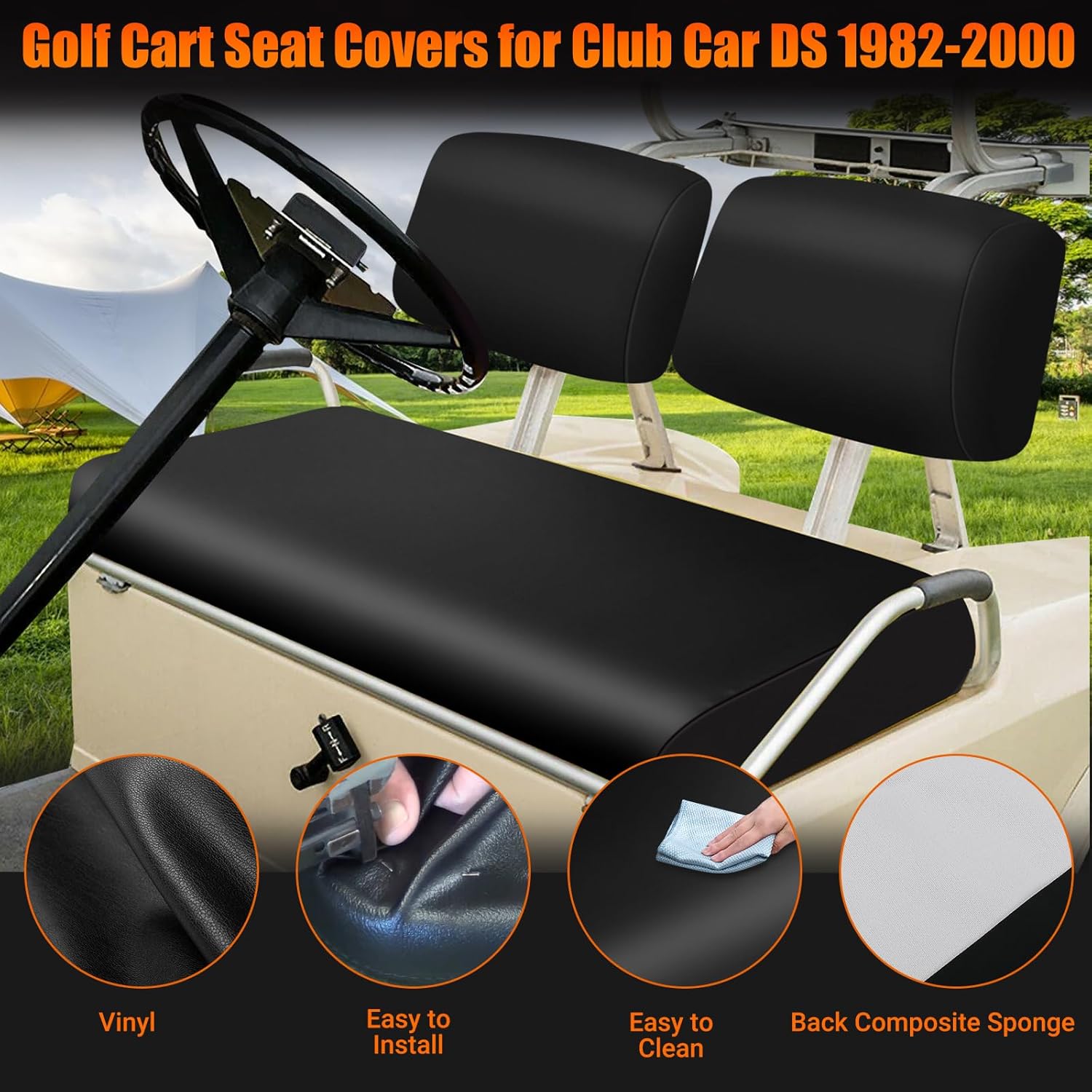 Golf Cart Front Seat Covers Black Micro Fiber Leather Seat Covers Replacement for Club Car DS 1982-2000, Staple On