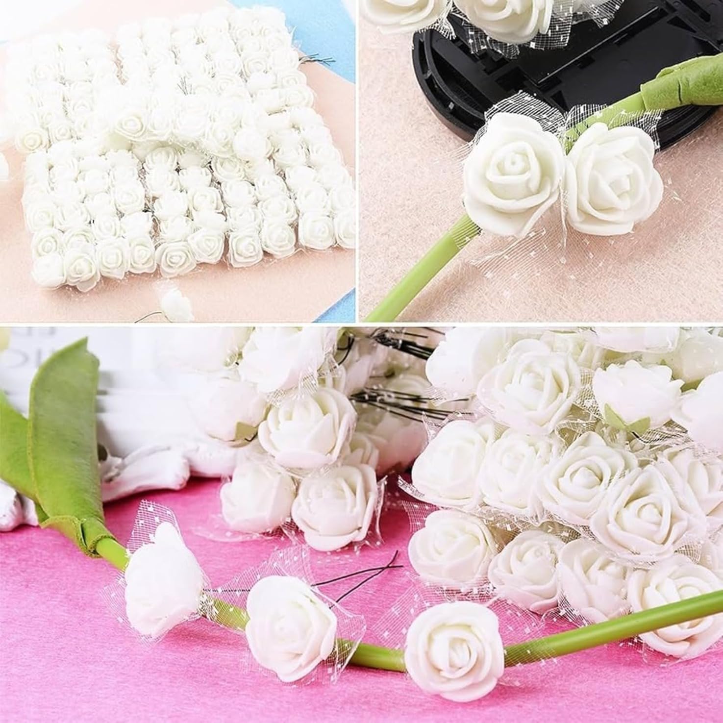 144pcs 2cm Mini Silk Foam Artificial Rose Flowers White Home Decoration DIY Handmade Wreath Flowers Accessories Make Bridal Hairclip,Headbands,Party Baby Shower Home Decorate