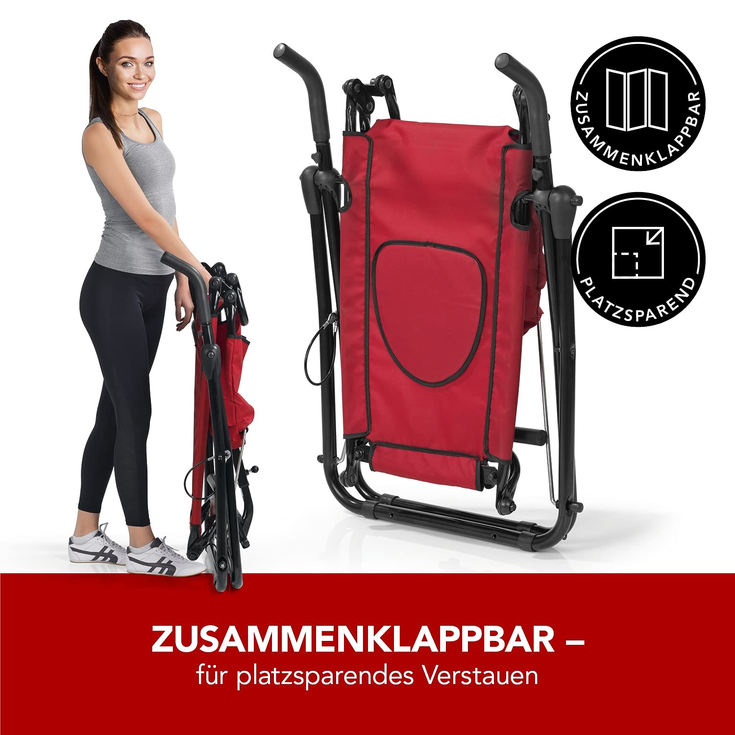 MAXXMEE Allenatore di inversione Deluxe | Per tutte le età, per tutti i livelli di fitness | per rafforzare i muscoli della schiena, addominali e gambe, portata fino a 120 kg, pieghevole [rosso/nero]