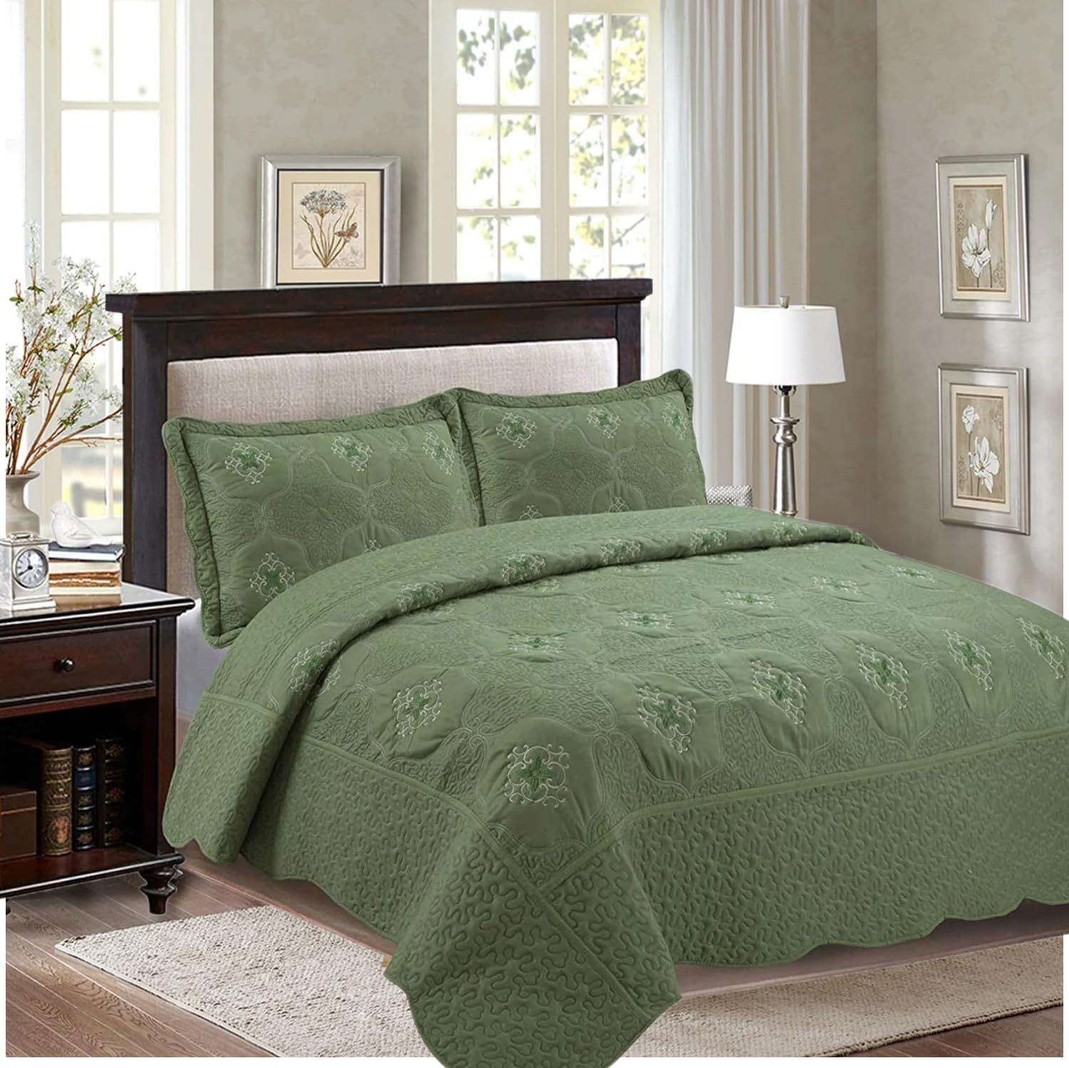 MarCielo 3-Piece Fully Quilted Embroidery Quilts Bedspreads Bed Coverlets Cover Set, Cal King Size, Olive Green, White, Emma(Oversize, Sage)