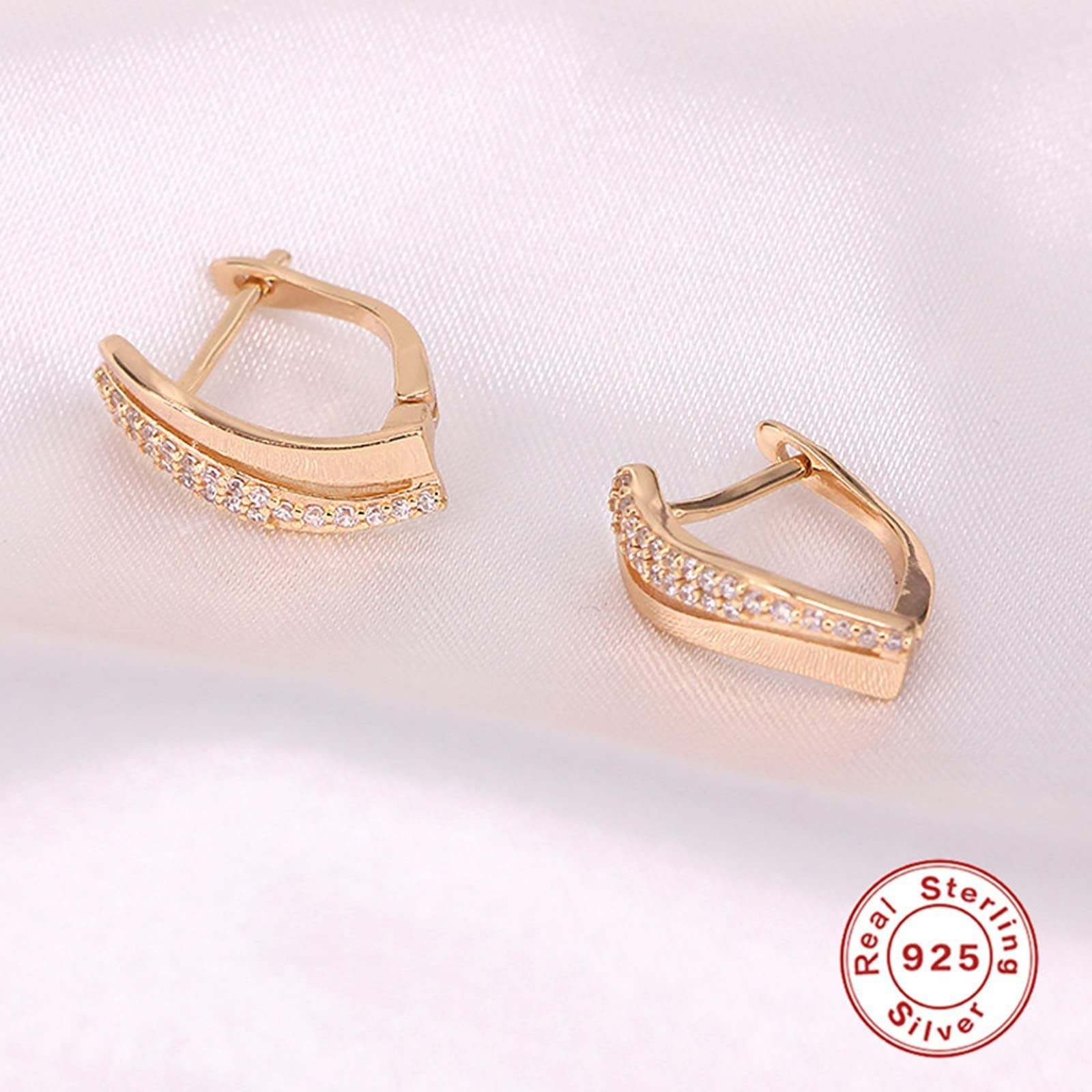 Orecchini a bottone a doppia da donna in argento 925 con zirconi bianchi, orecchini a cerchio in argento sterling tono oro champagne, gioielli ipoallergenici e altamente lucidati