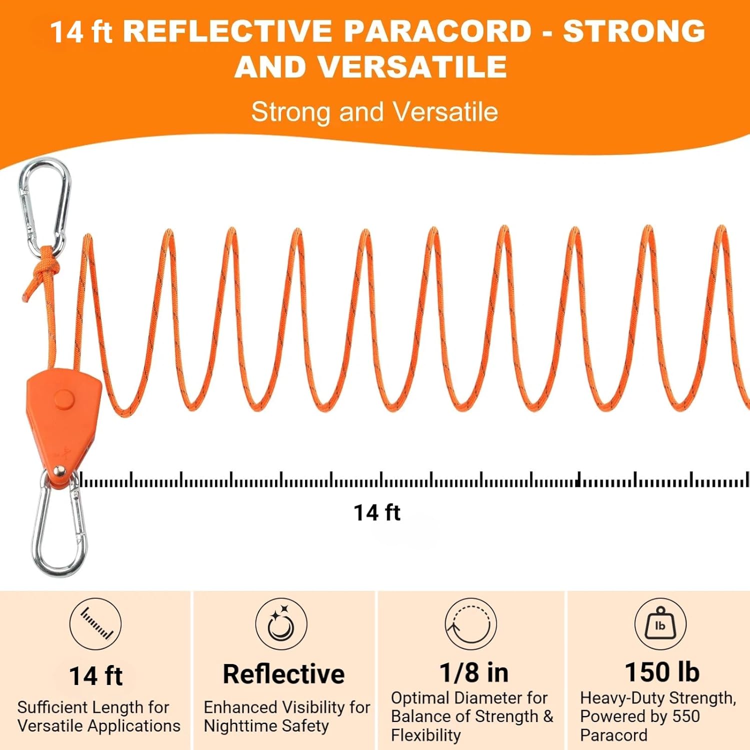 Longer 14ft Retractable Paracord Rope Tie Down Ratchet Strap Small Straps Mini Rope Cam Lock Tent Canopy Tie Down Adjustable Outdoor Windproof Tightener Tensioner Hanger Grow Light 6 Pack 1/8"