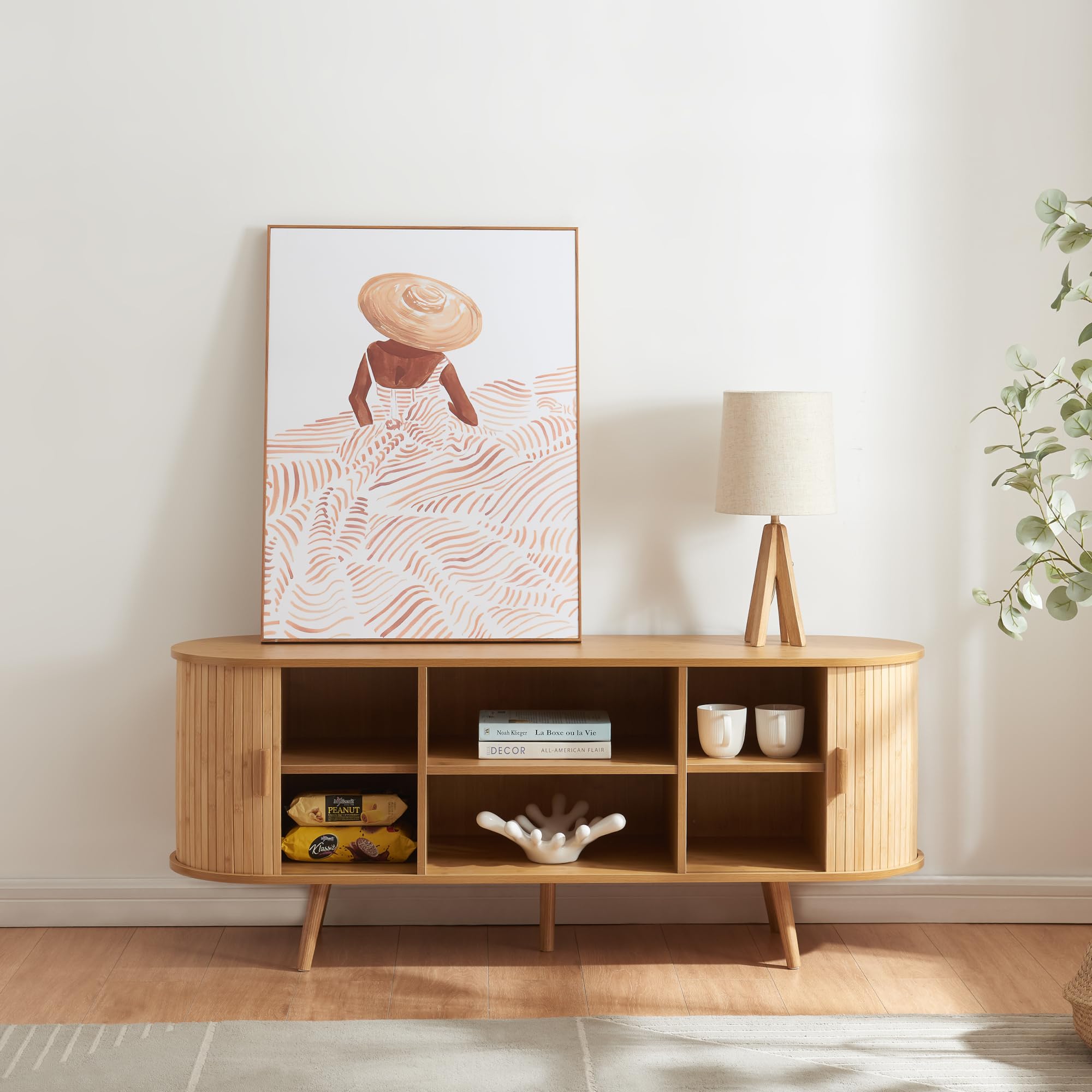 [en.casa] Aparador con Puertas Nordkapp Correderas Mueble de TV en Forma Ovalada Armario Multiusos 2-2 Compartimentos Cerrados y 2 Compartimentos Abiertos Bambú Madera 140x40x56 cm - Natural
