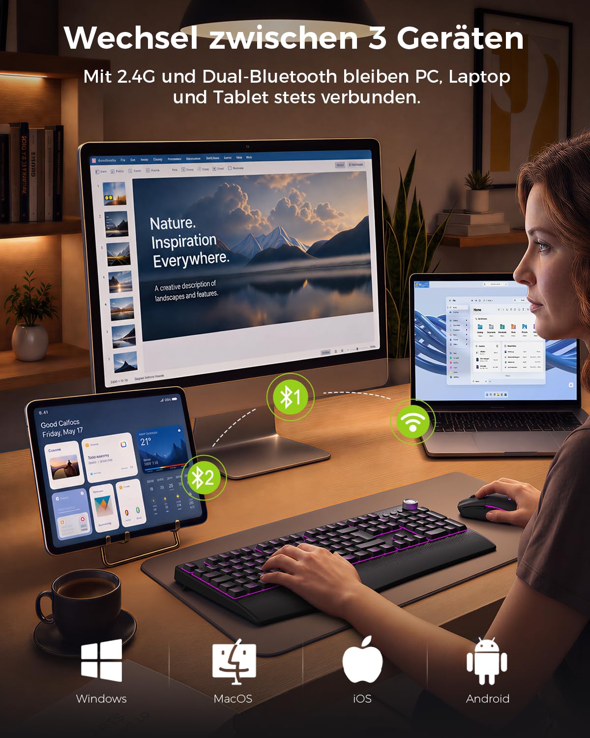 seenda Tastatur Maus Set kabellos, QWERTZ, Bluetooth & 2,4 GHz, 3 Geräte
