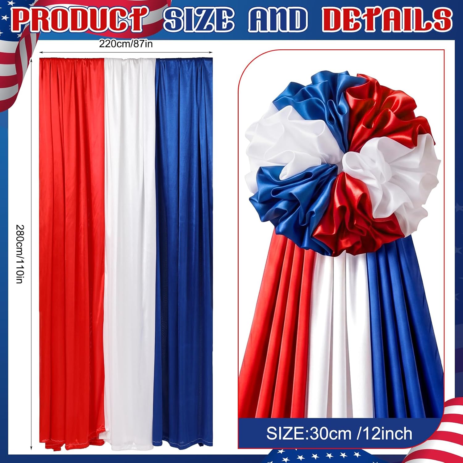 Gilprop 4th of July Bunting Decorations 7 x 10 ft Patriotic Red White and Blue Bunting with 12 Inch Pom Hanging Backdrop Flag 250th Anniversary Decor for Outdoor Porch Door Independence Day