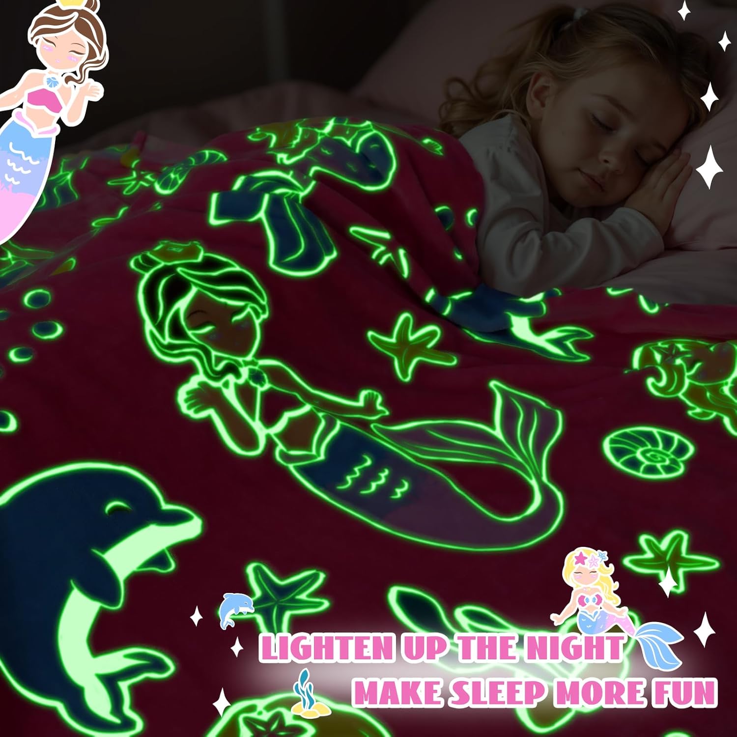 Pink Throw Blanket for Girls & Kids, Soft Fleece Plush Cute Blanket for Little Girls and Teen Girls Ages 3–12, Cozy Light Pink Blankets for Bed Couch Decor, Mermaid Gifts, Glow in The Dark Blanket - Image 2