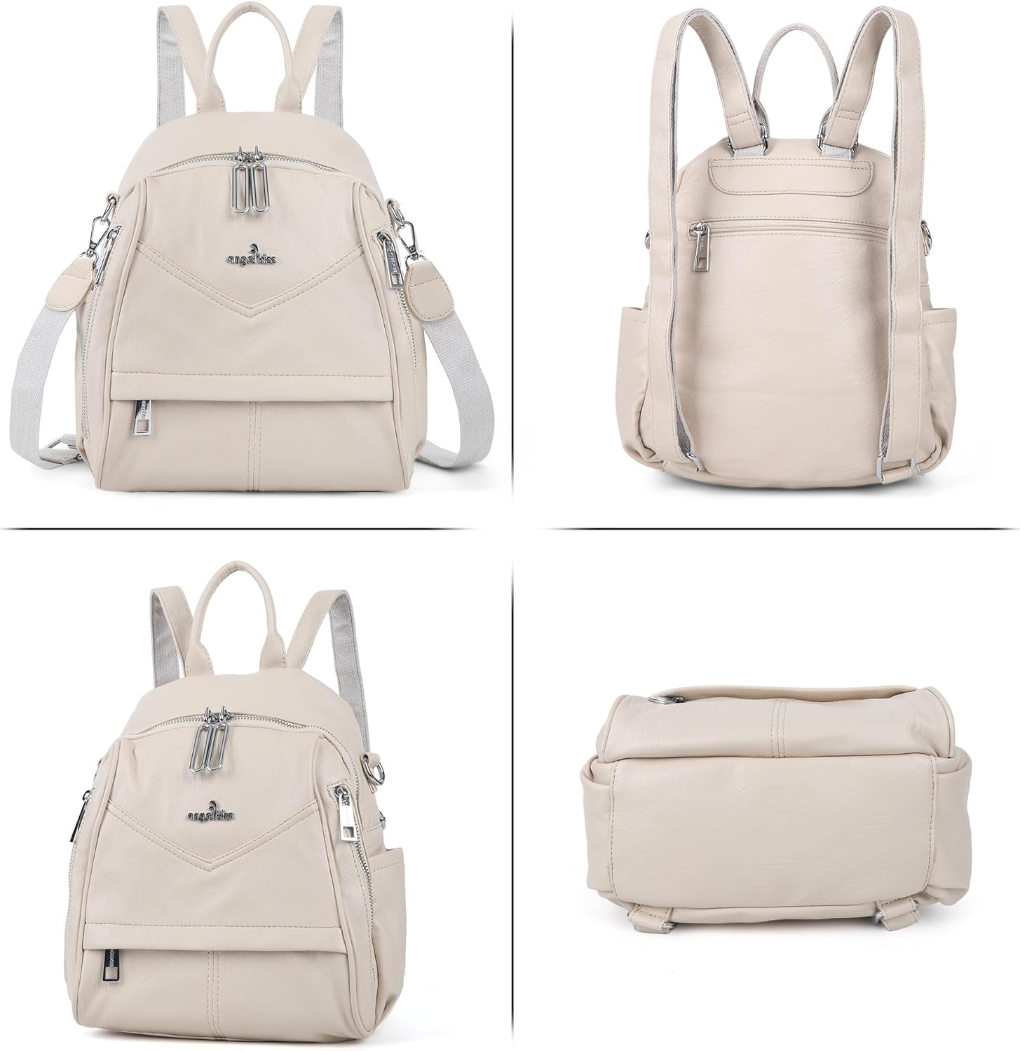 Angel Kiss Small Backpack Purse for Women,Soft Vegan Leather Roomy Backpacks,Designer Ladies Shoulder Backpack Fashion Handbag with Removable Strap,Beige