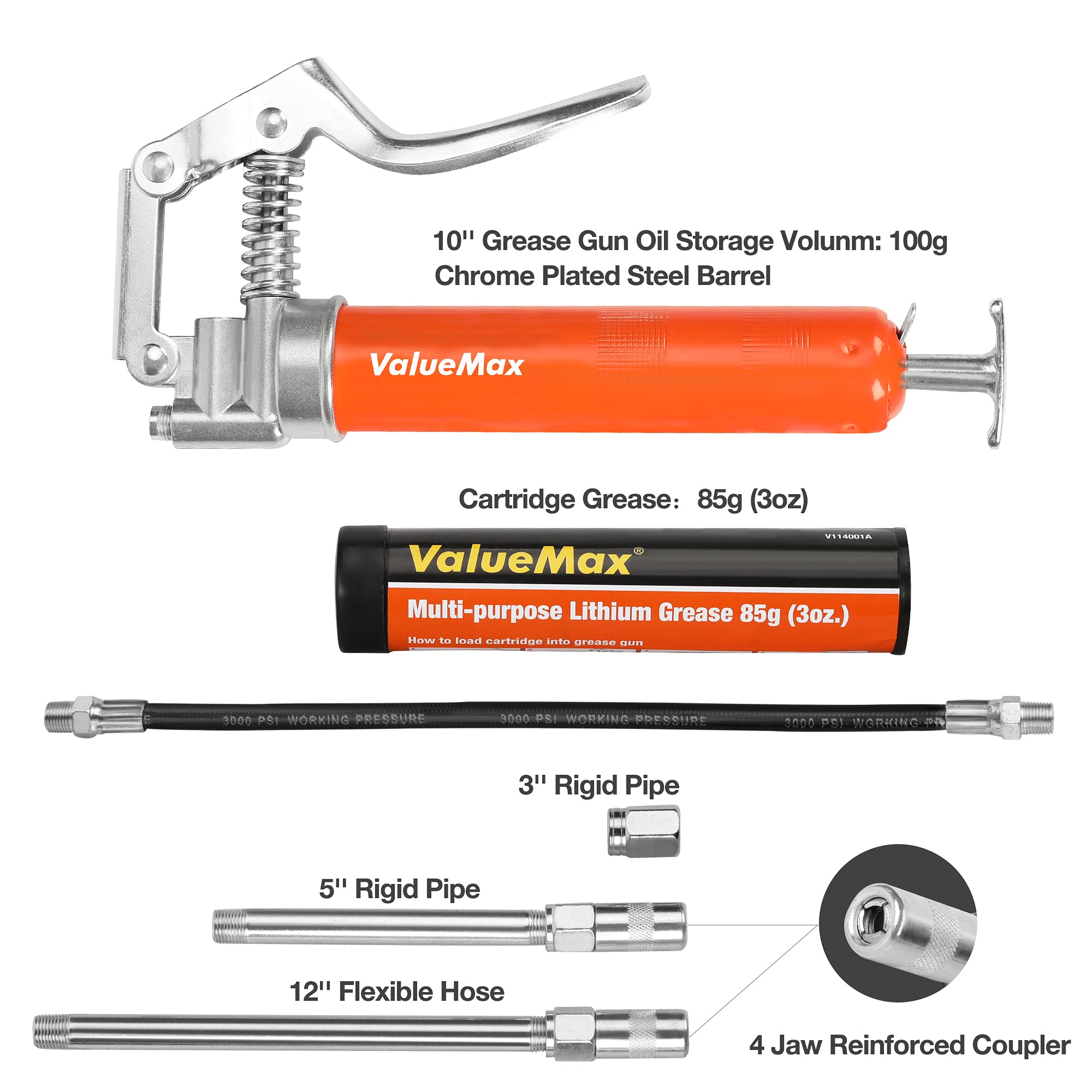 ValueMax Mini Grease Gun Kit (3000 PSI) with 3 OZ Grease, 12'' Flexible