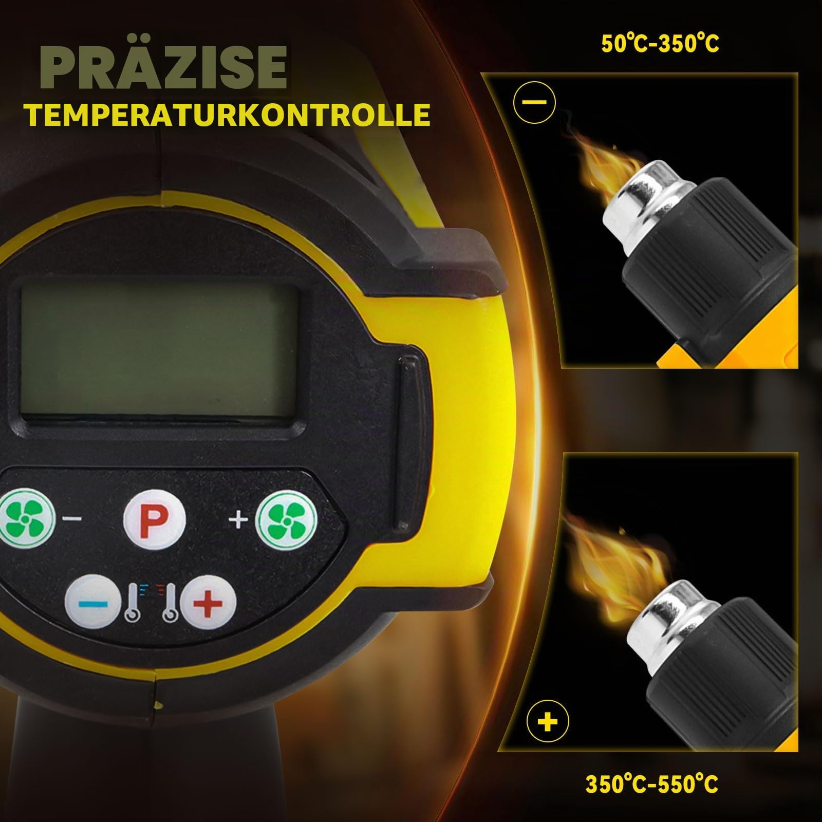 Akku-Heißluftpistole für Dewalt 20V Akku, 50℃-550℃ Heißluftpistole mit Digitalanzeige, Schnellheizung Kabellose Heißluftpistole, Einstellbare Temperatur und Luftstrom mit 5 Düsen