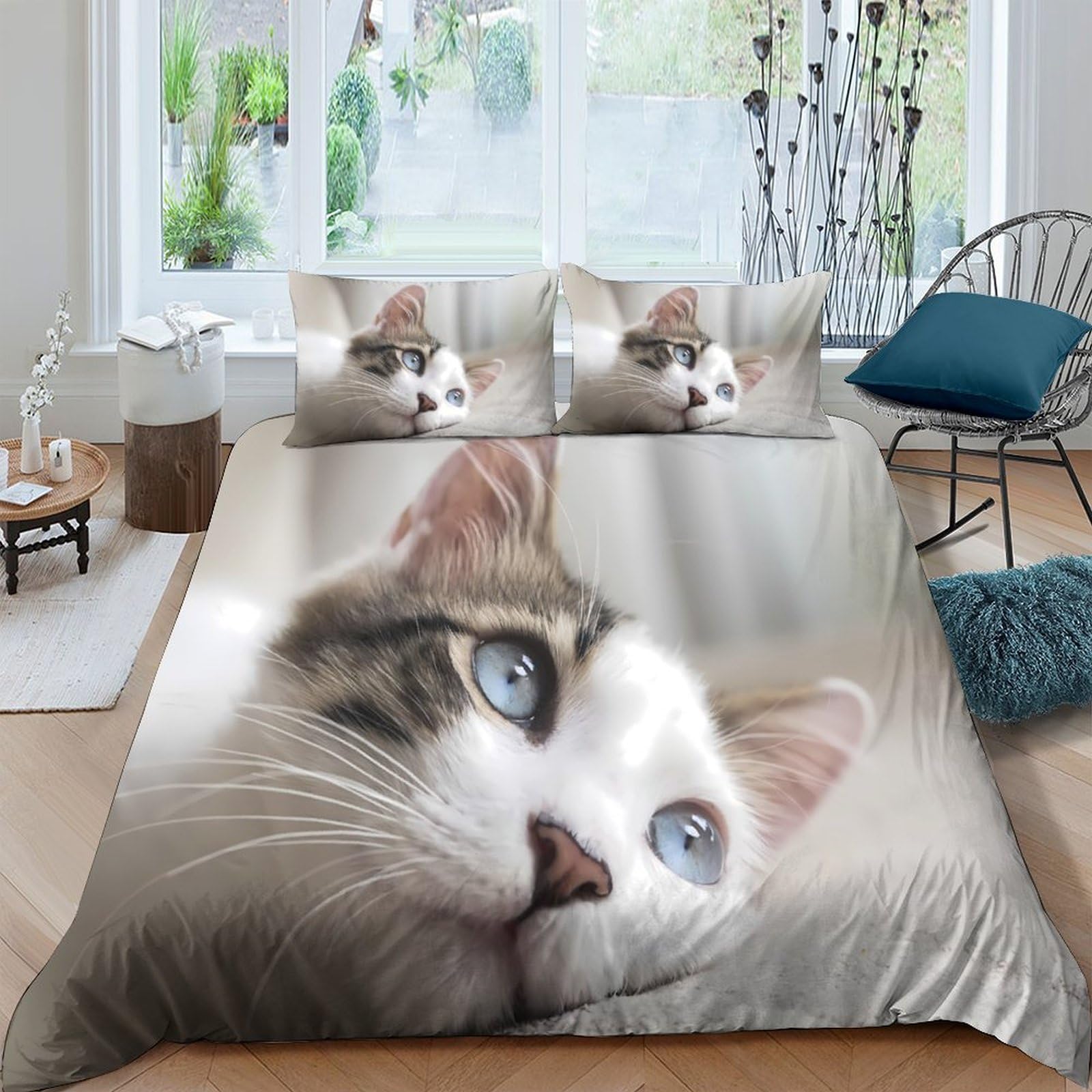 Ctjqhvkz Style-8 3D Printed Blue Eyed Cat Fitted Sheet Microfiber Soft Animal Face Bed Cover For Bedroom Dorm Mattress Protection Decor Single（135X200cm）