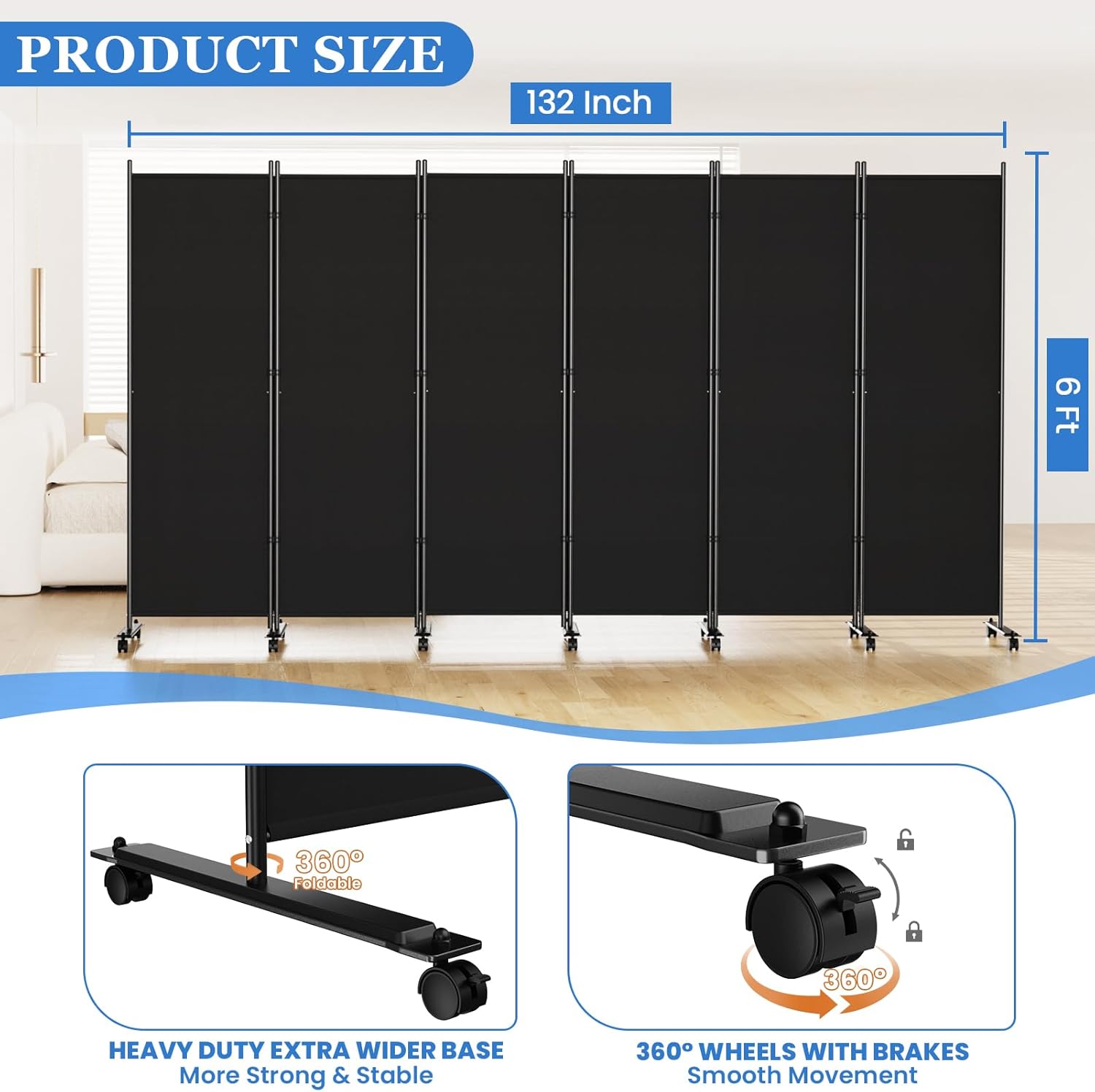 sunally room divider 6ft folding privacy screens with lockable wheels, 6 panel room partition for room separator, 132" w freestanding portable fabric wall dividers for home dorm studio office, black black 6 panel-132''