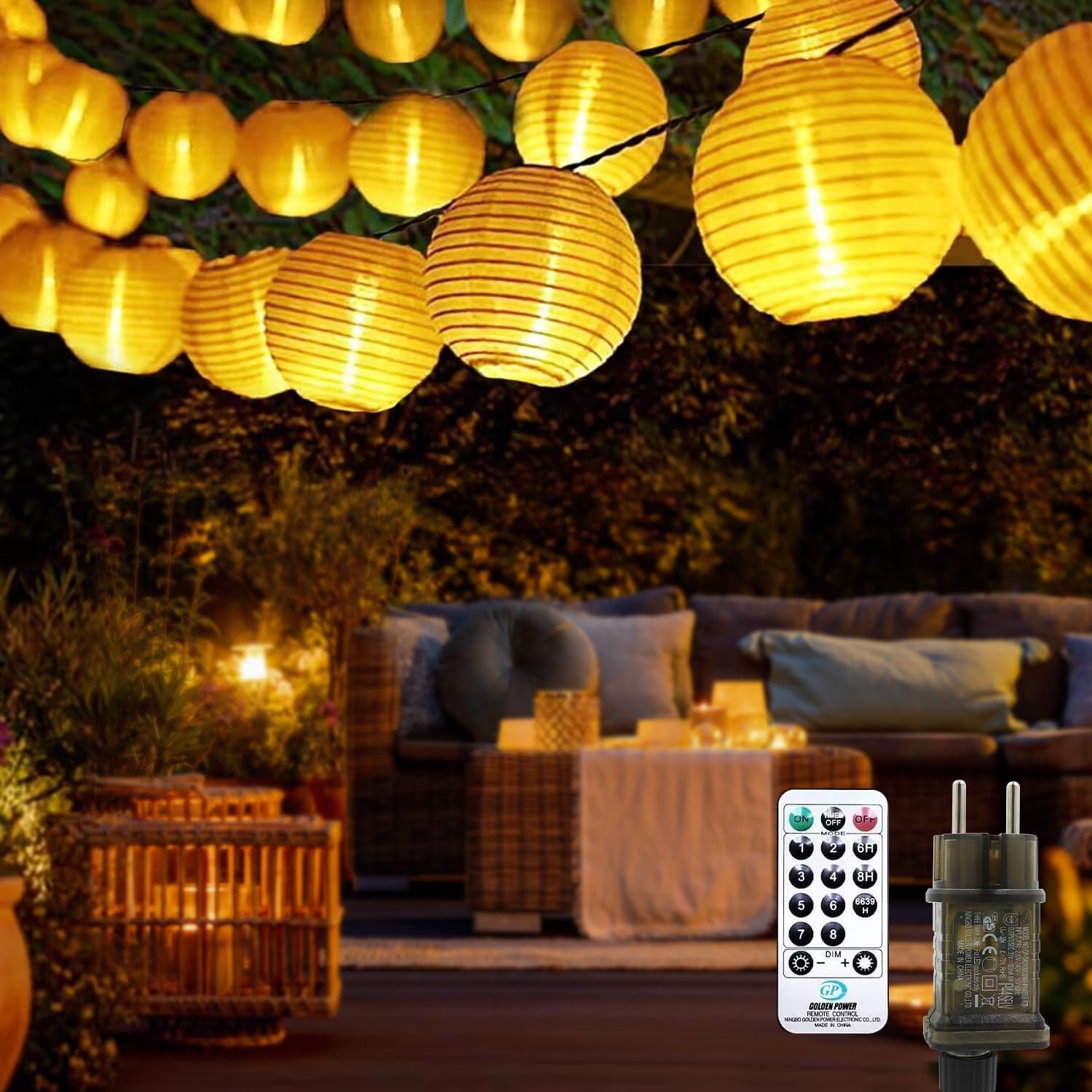 Bigzom LED Lampions Lichterkette Außen Strom, 10M 50Led Lichterkette Lampion mit Fernbedienung Memoryfunktion Timer