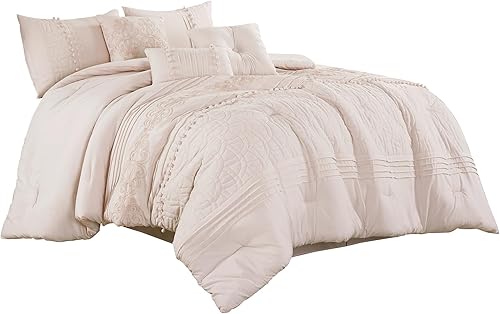 Miniatura 9 de Chezmoi Collection Grace - Juego de edredón de 7 piezas de felpilla bordada con pompones, diseño floral, color rosa rubor, tamaño matrimonial