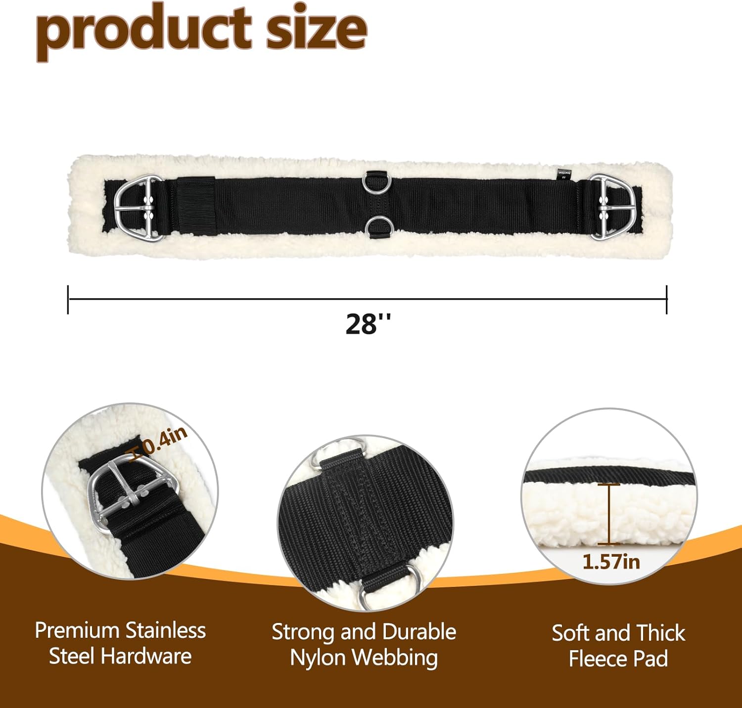 Western Cinch Horse Girth 28" to 34" - Soft 25mm Thick Fleece Padding & Non-Slip Nylon Webbing with Stainless Steel Buckles - Comfortable, Durable, and Easy to Install for Western Saddles