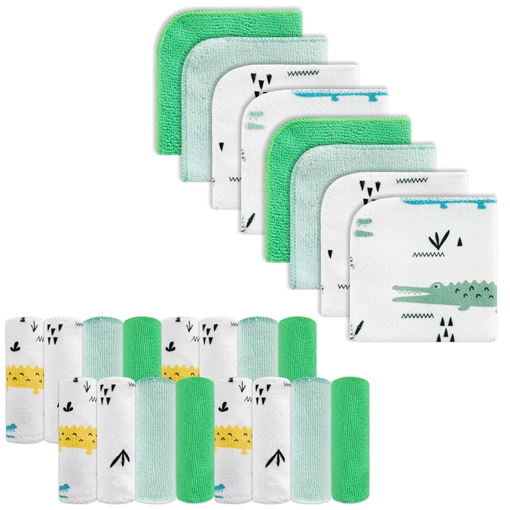 Baby Washcloths, 24Pack Baby Wash Cloths Extra Soft & Ultra Absorbent, Baby Towels and Washcloths Face Towels for Unisex Boys Girls Body, Washclothes Gentle on Sensitive Skin, 9x9 Green Crocodile