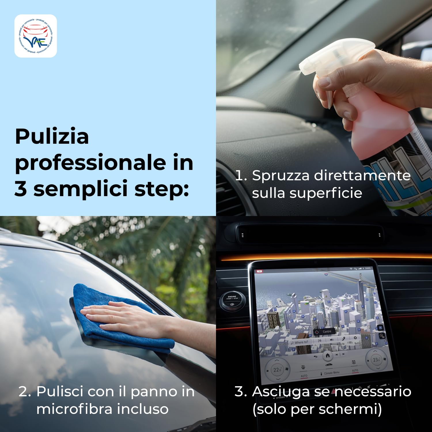 VAEBRILL Quick Detailer, Pulitore Universale Auto Tanica 5 L + Flacone 500 ml e 2 Panni in Microfibra, Lava Senza Acqua, Detergente Antistatico per Cruscotti, Vetri, Plastiche, Formula Professionale