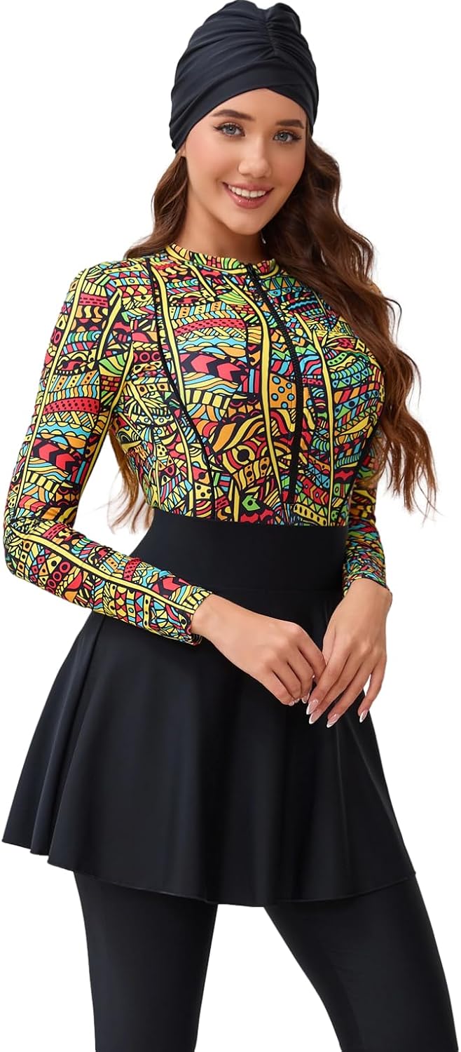 Modest Swimsuits for Women Four Pieces Full Body Coverage with Scarf