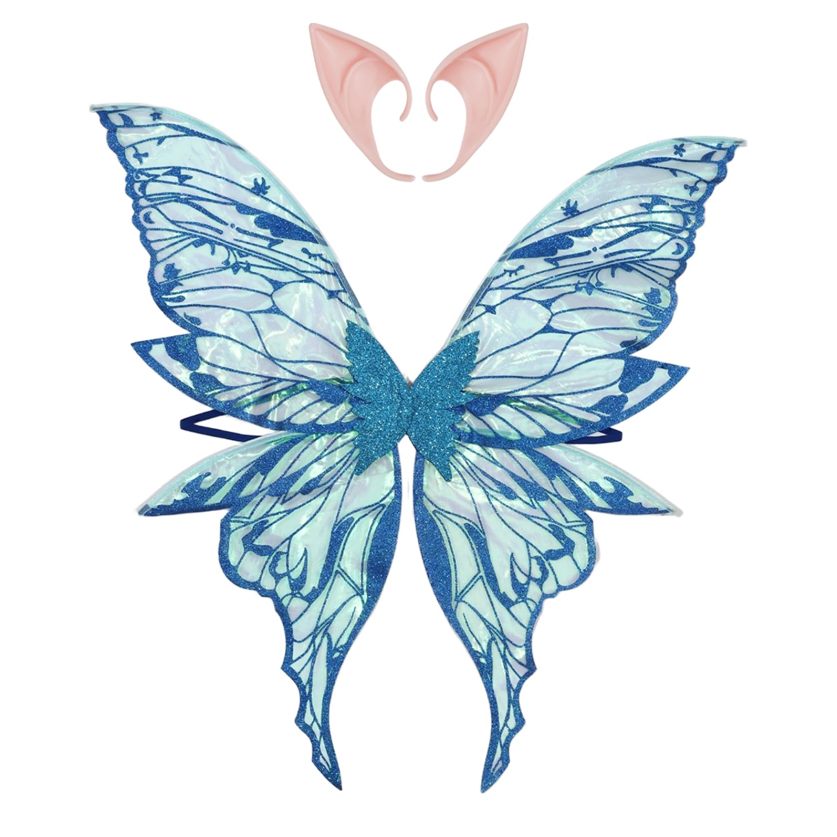 Fldy Fairy Wings with Realistic Elf Ears, Glittery Gold Cosplay for Halloween, Party Role Play Blue One Size