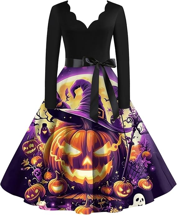 OIOLOYJM Sexy Plus Size Halloween Costumes Woman 2025 Long Sleeve V Neck Printed Gothic Retro Formal Party Dresses for Women