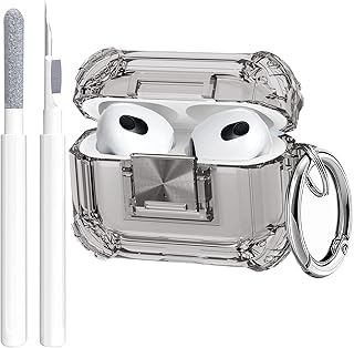 Airpods 3rd Generation Case Clear Men Lock with Cleaning Kit, OTOPO Protective Cover with Cleaning Pen Compatible with Airpod 3rd Gen Case,Shockproof Rugged Shell for Air Pods 3 2021 Case,Clear Black
