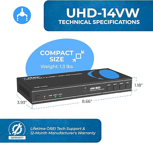 Miniatura 5 de OREI Controlador de Procesador de Pared de Video 4K 2x2 HDMI o USB-C Pantalla Hasta 4K 60hz 2x1, 1x2, 1x3, 1x4 Soporta Rotación de 180 Grados RS-232