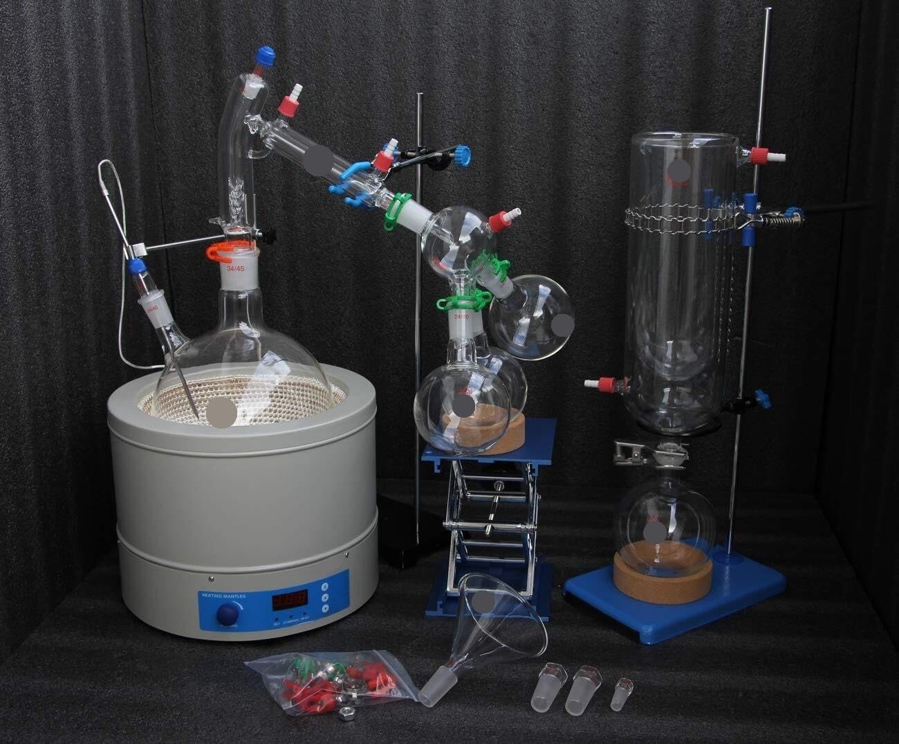 Kit de destilación de recorrido corto de vidrio de 5000 ml con trampa de frío y manta calefactora magnética: configuración completa de laboratorio for destilación fraccionada de 220 V
