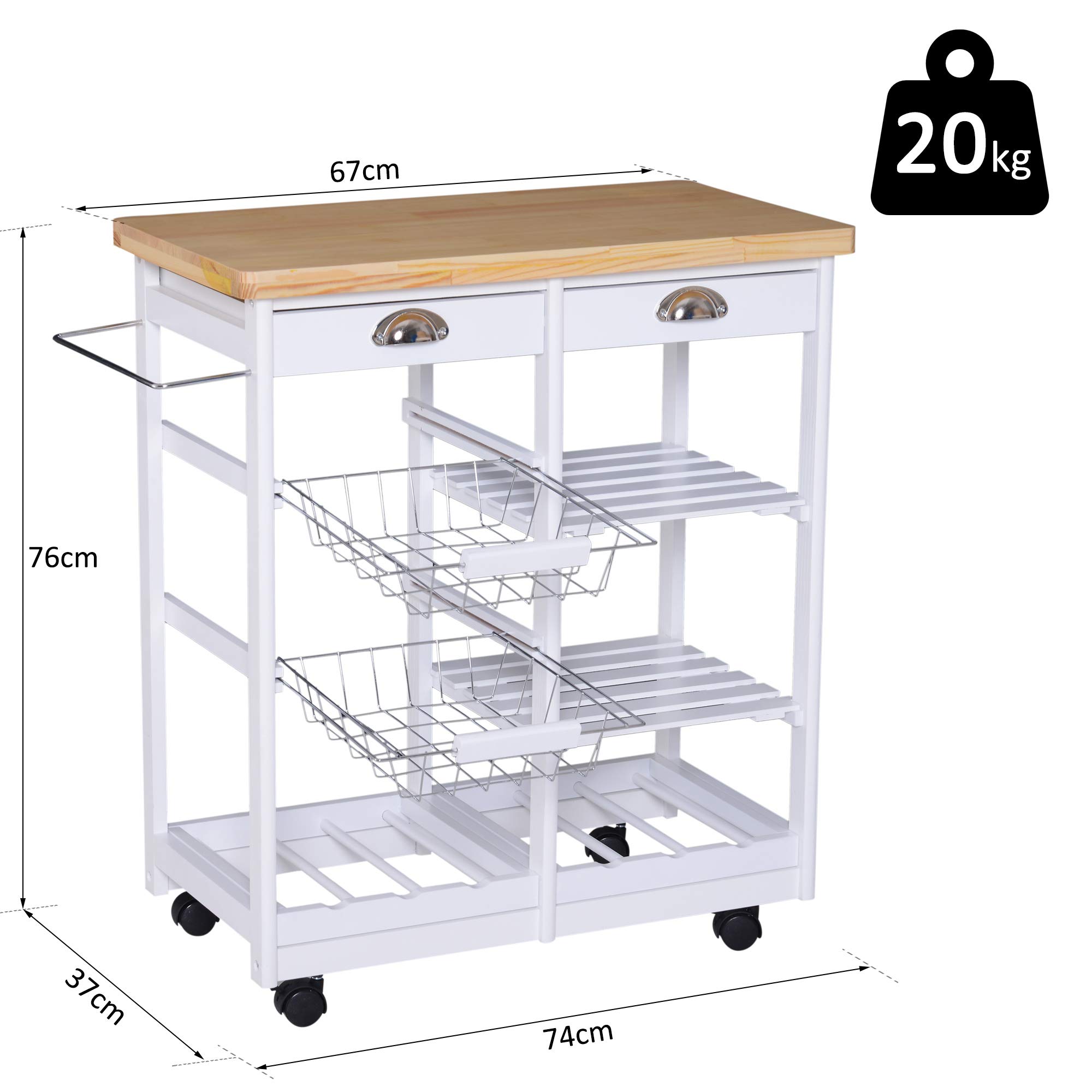 Chariot de service desserte de cuisine à roulettes multi-rangements 74L x 37l x 76H cm plateau bois massif pin châssis MDF blanc