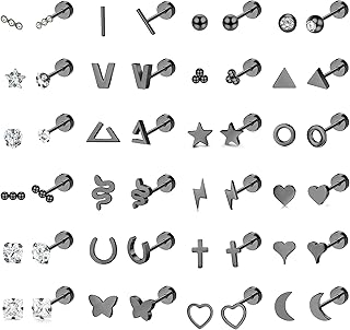 24 Pairs Stud Earrings for Women Men 20G Stainless Steel Tiny Silver Gold Rose Gold Black Cartlidge Earrings Stud Small Snake Star Moon Ball Butterfly Triangle Heart Square Round CZ Screw Back Flat Back Stud Earrings Piercing Earrings Set