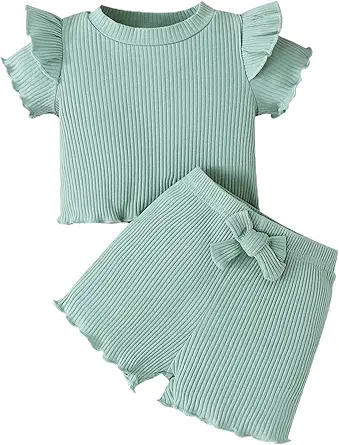 ChuYuKu Toddler Girl Clothes Flutter Sleeve Baby Girls Summer Outfits T-Shirts - Cotton Ruffle Top & Shorts Set 6M - 3T