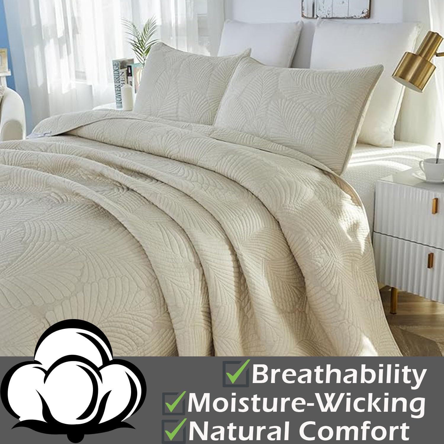 Brandream Beige Palm Quilt Set Queen Size Cotton Matelasse Tropical Palm Bedding Lightweight Bedspreads 3-Piece - Image 3