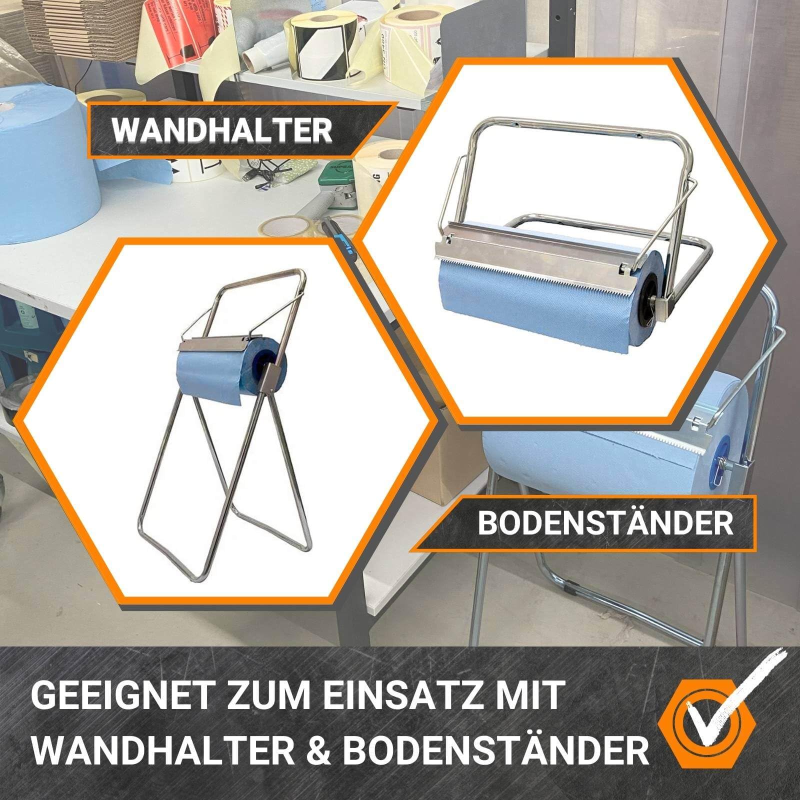 FRONTTOOL Putzrolle Werkstatt 3-lagig | 2 Rollen + Metallständer | 500 Abrisse | Zellulose Putztuch für Werkstatt & Garage | Saugfähig bei Öl & Fett | Inklusive Metallständer mit Schiene