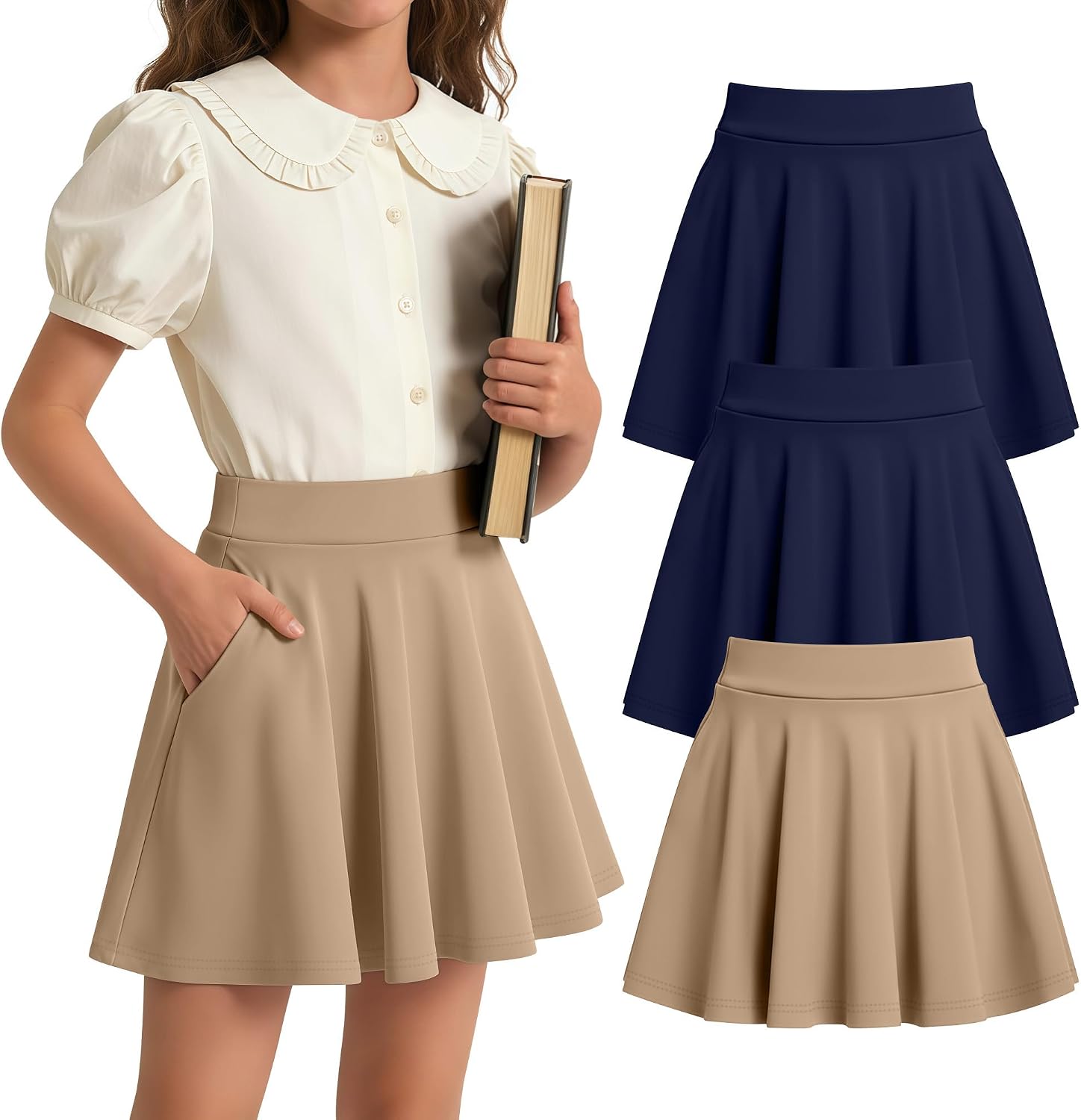 3 Pack Girls Uniform Skater Skirts, High Waist A-Line Skorts Flared Athletic Tennis Skirts with Pockets for 5-14Y
