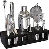 Highball & Chaser 13-Piece Cobbler Cocktail Shaker Set Stainless Steel Mixology Bartender Kit With Stand For Home Bar Cocktail Set | Laser Engraved Cocktail Tools | Plus Ebook with 30 Cocktail Recipes Silver