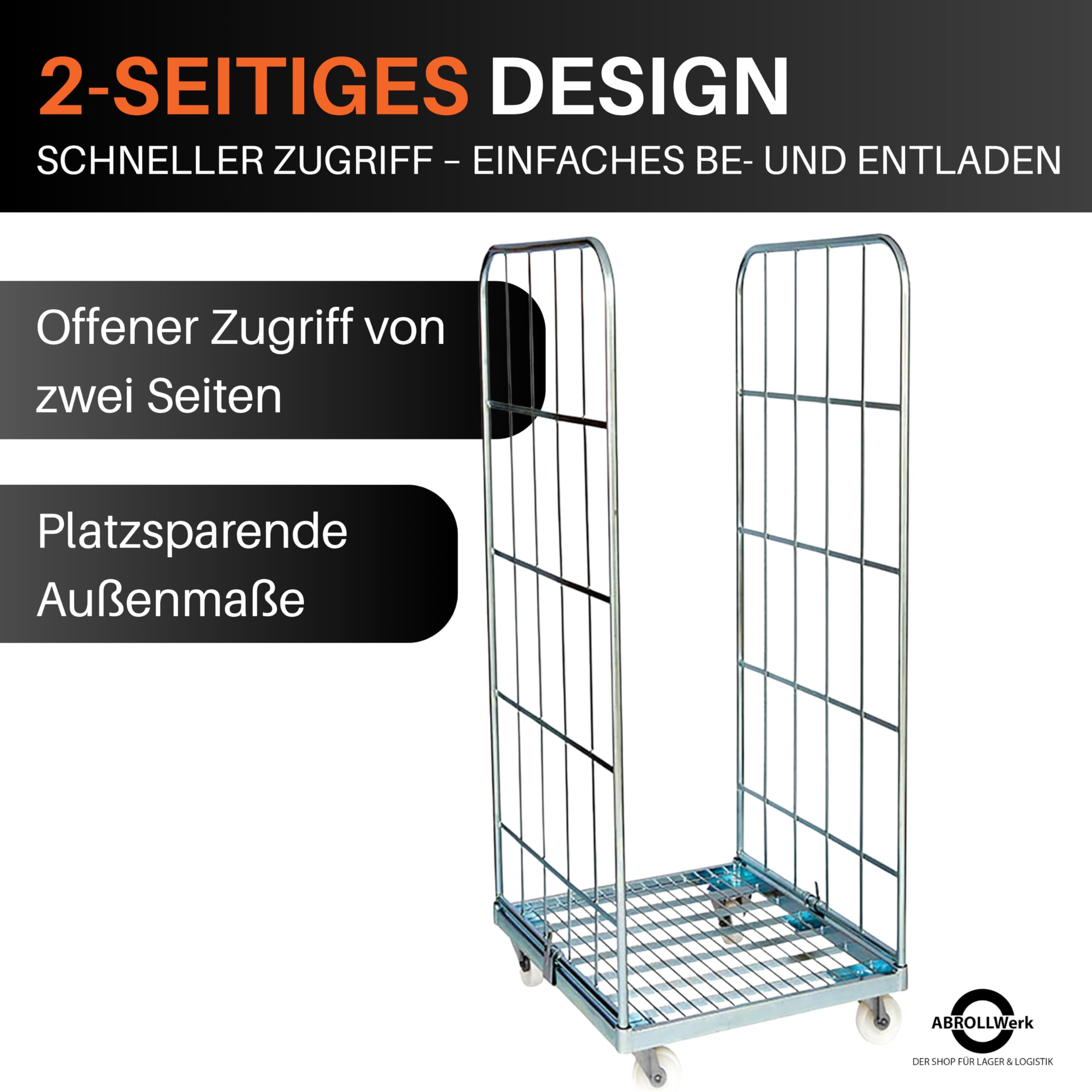 Stahlrollbehälter 1460 – 2-seitiger Gitterwagen mit 500 kg Traglast – Maße 710 x 800 x 1640 mm – Cr3-verzinkter Transportwagen für Lager, Logistik & Einzelhandel – Robuster Rollwagen