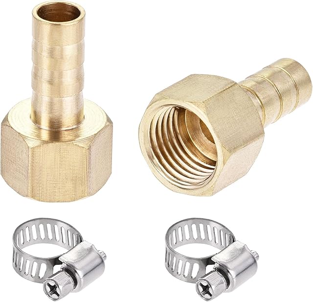 sourcing map Brass Barb Hose Fitting Connector Adapter 8mm Barbed x G1/4 Female Pipe with Hose Clamp 2Set