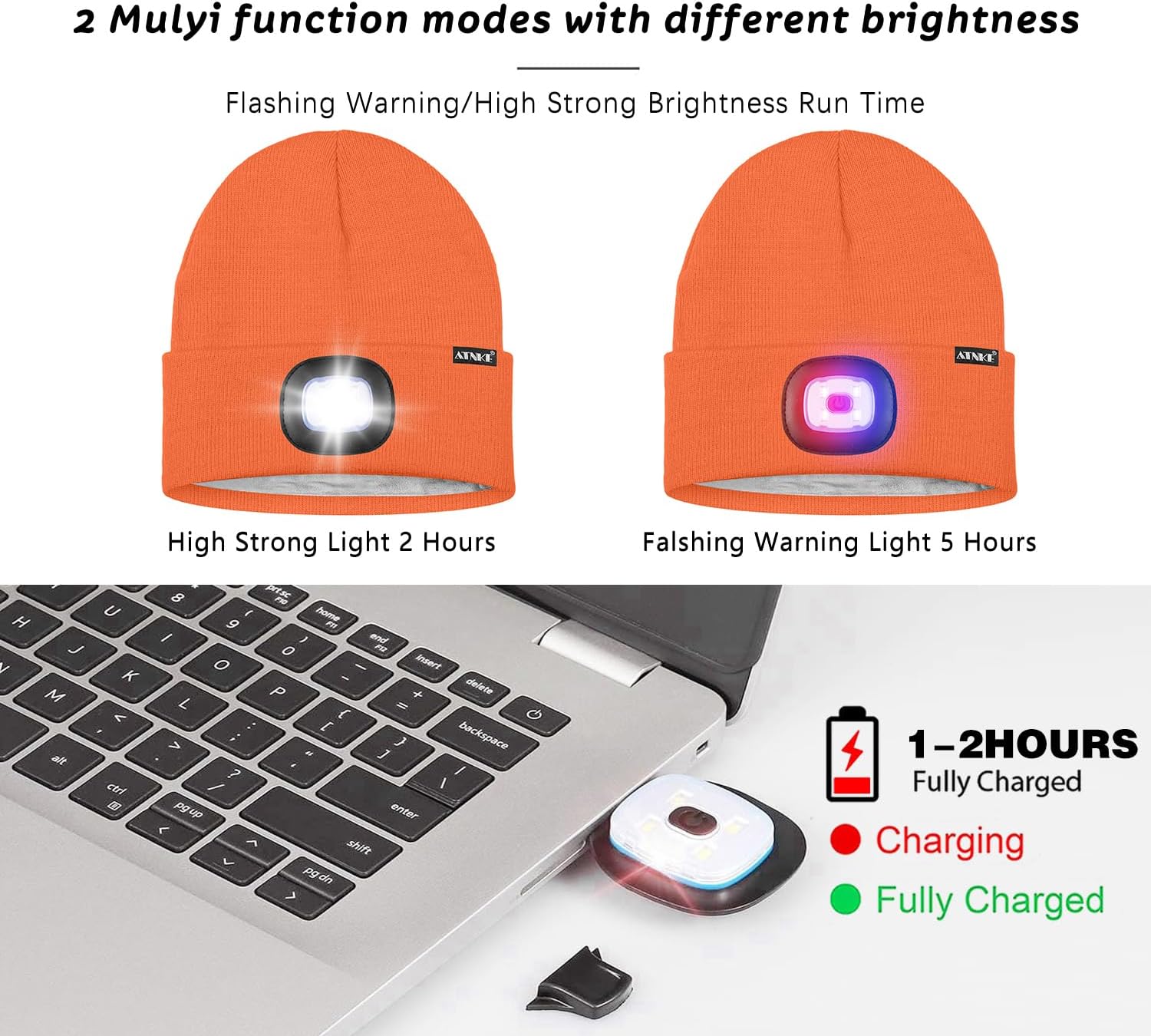 ATNKE LED Lighted Beanie Hat,USB Rechargeable 4 LED Red and Blue Flashed Run Headlamp Lined Fleece Cap for Men and Women - Image 5