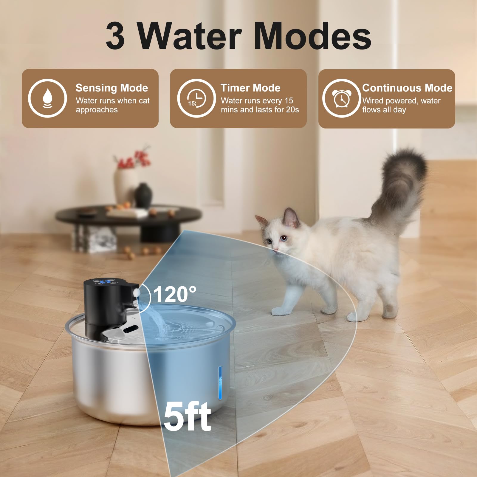 Cordless Cat Water Fountain, 5.5L/186oz Battery Operated Pet Water Fountain Stainless Steel with Ultra Quiet Pump, Motion Sensor, Cordless Pet Water Fountain Outdoor&Indoor Cat Water Drinking - image 3