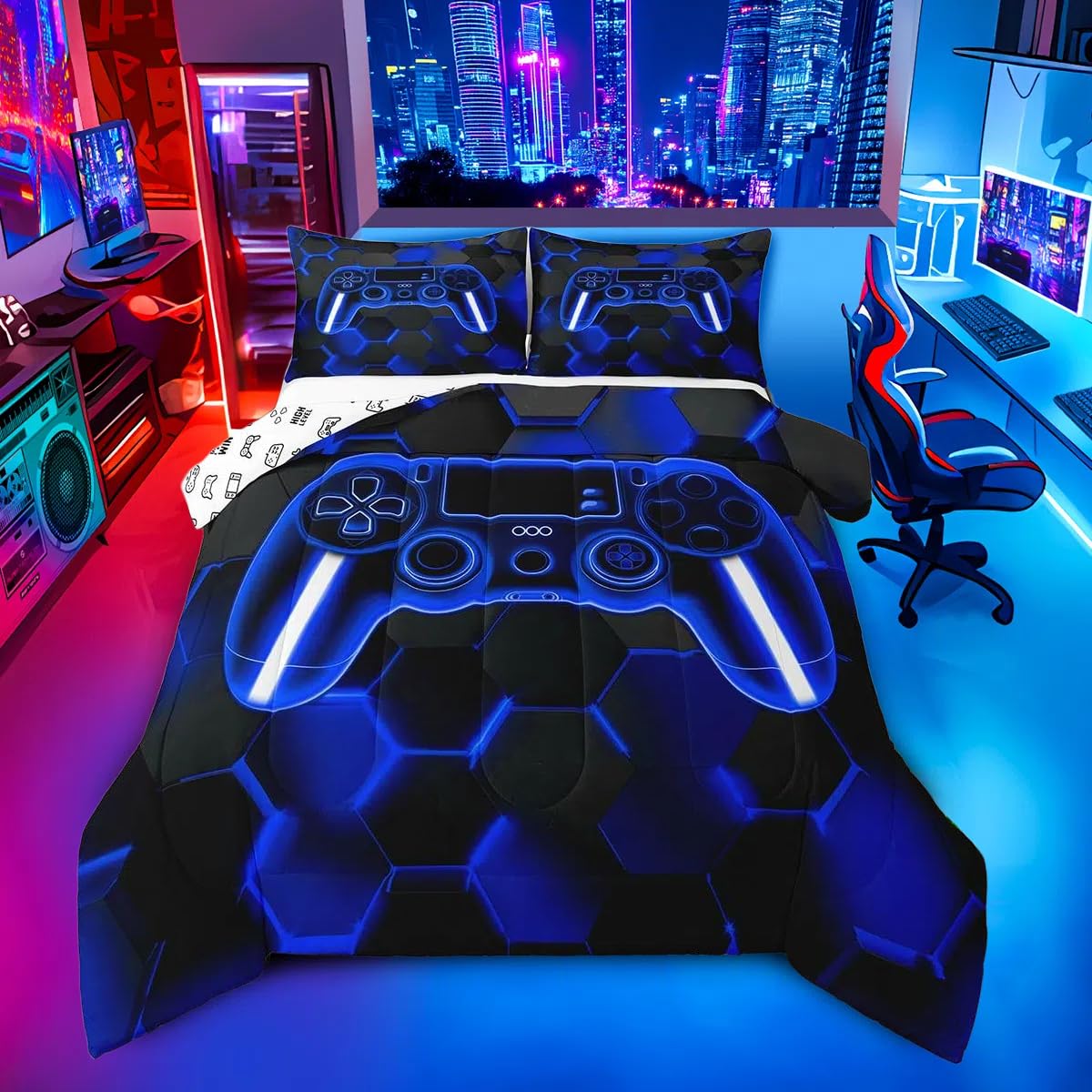 Gamer Duvet Quilt Gaming Bedding Set for Kids Boys Girls Teens Room Decor Blue and Black Game Console Comforter Set Twin Size Gamepad Honeycomb 2Pcs Breathable Soft Lightweight Microfiber