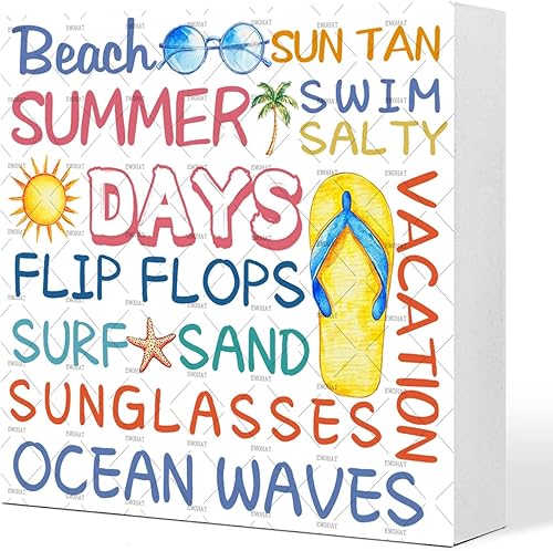 Decoración de habitación de verano, EMOHAT Summer Days - Caja de madera rústica, bloques de letreros de madera, decoración de casa de playa, hogar,