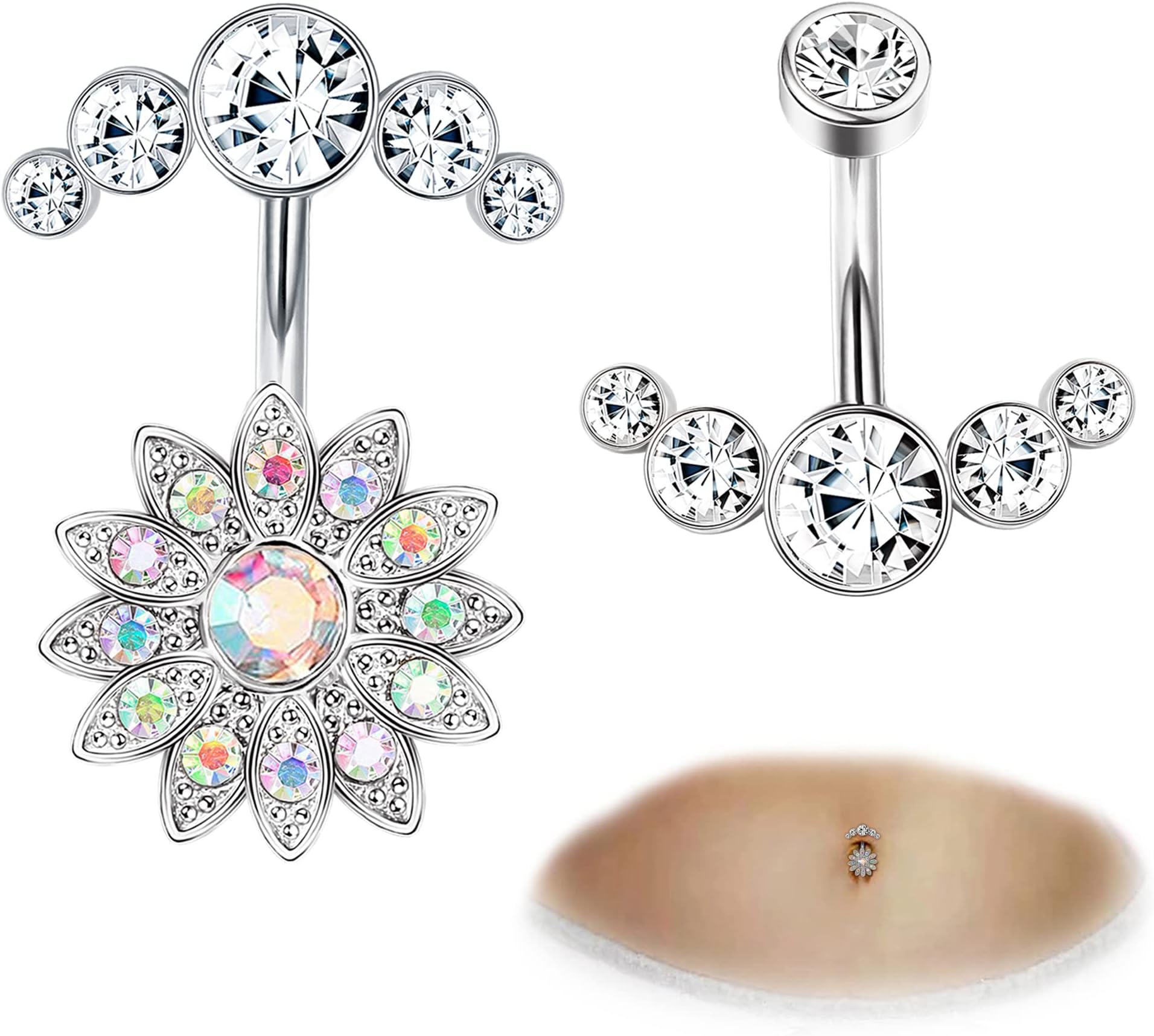 FIASASO Crystal Belly Button Ring for Women Unique 14G 316L Stainless Steel Dangle Belly Rings Belly Piercing Jewelry Navel Barbell Bling Crystals Body Jewelry opal