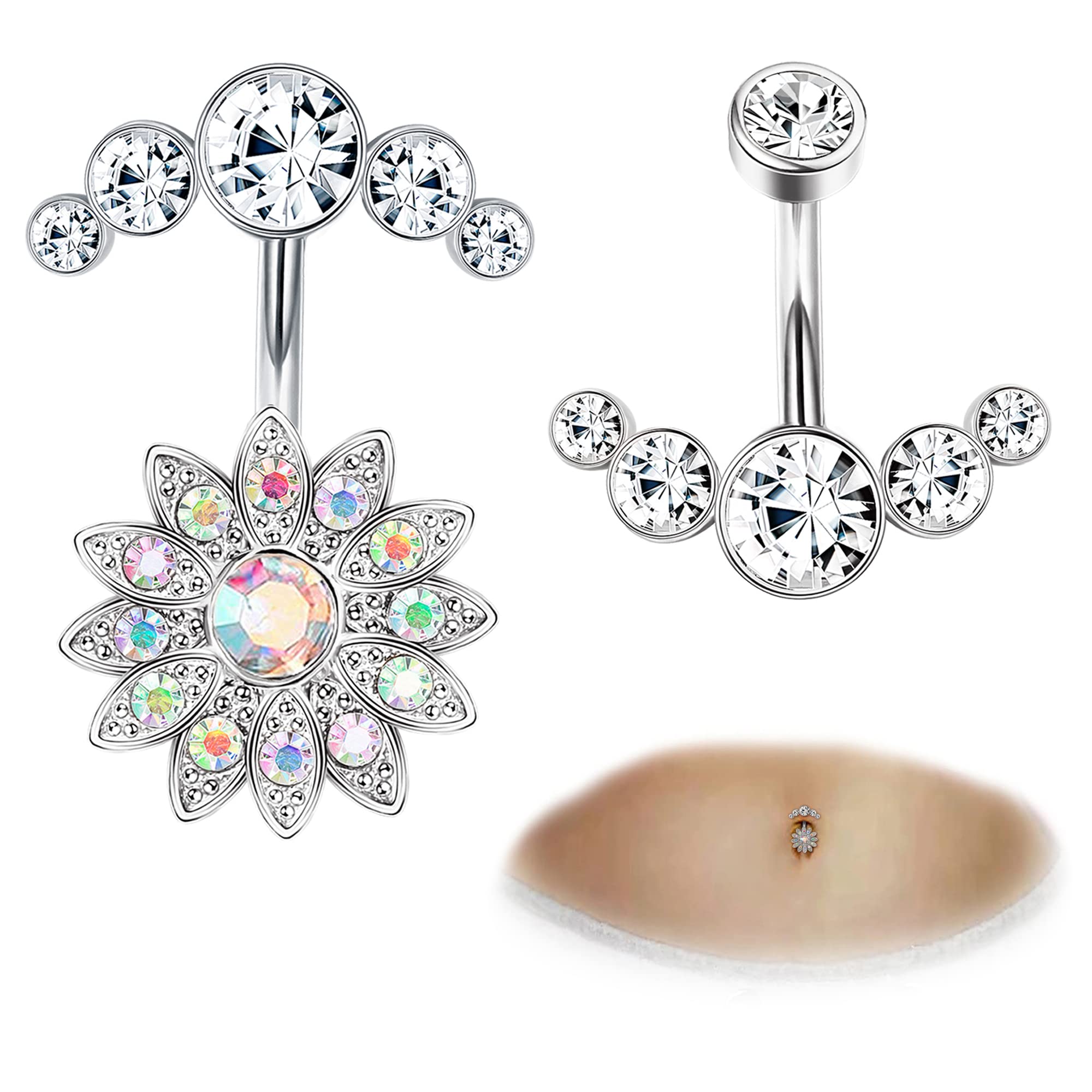 FIASASO Crystal Belly Button Ring for Women Unique 14G 316L Stainless Steel Dangle Belly Rings Belly Piercing Jewelry Navel Barbell Bling Crystals Body Jewelry opal