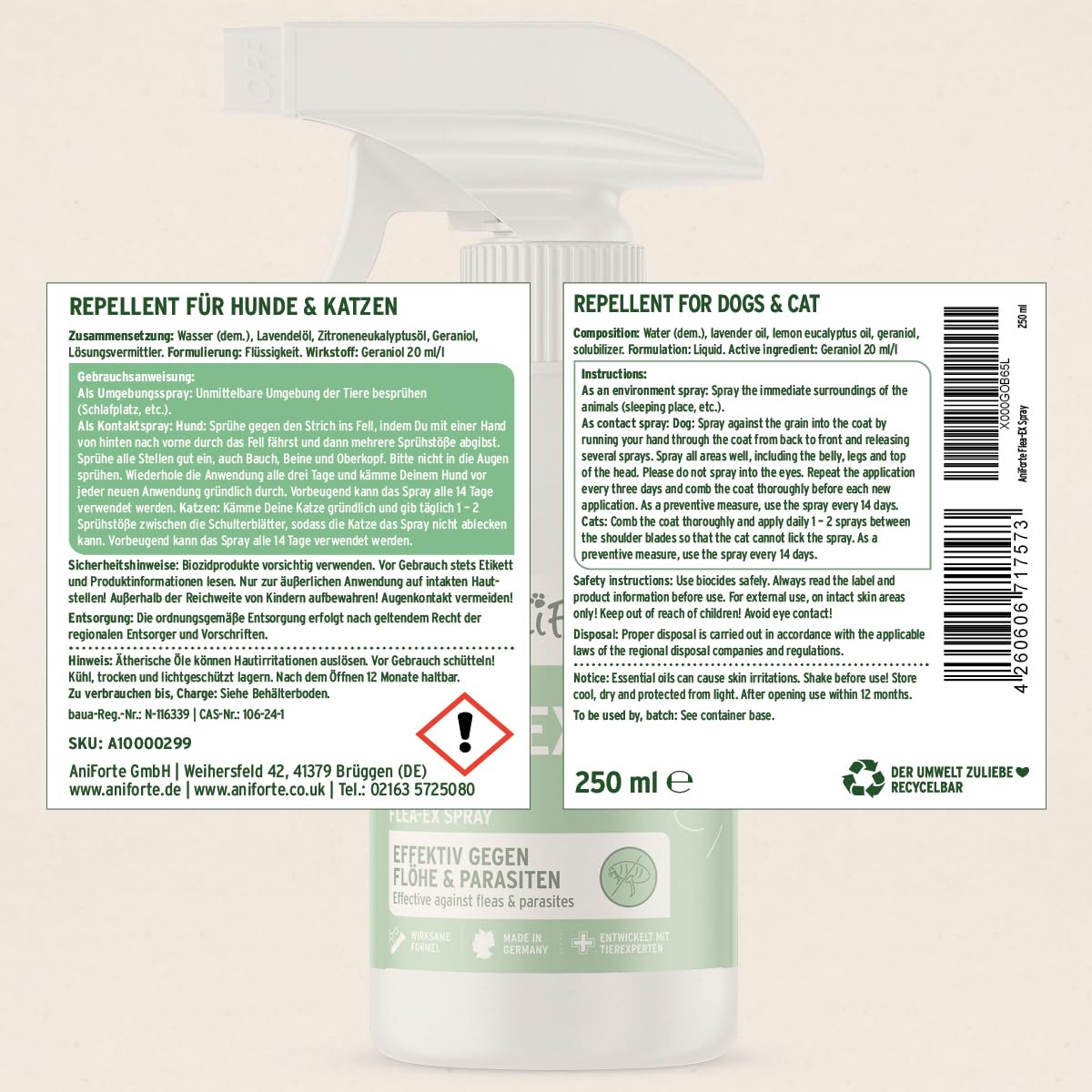 AniForte Flohspray für Hunde & Katzen 250 ml - Floh-Ex Spray zur Abwehr gegen Flöhe, Flohmittel bei Parasiten & Flohbefall, Antiflohmittel mit Geraniol & natürlichen Ölen
