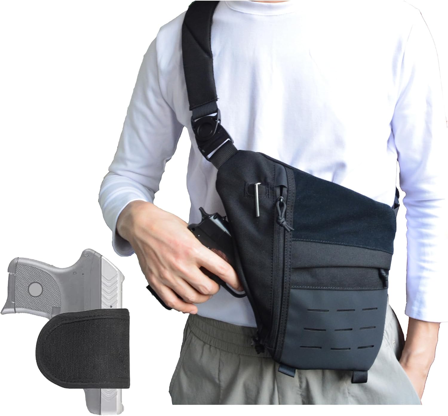 Crossbody Sling Bag for Men, Conceal Carry Gun Bag w.Holster of Handgun CCW Shoulder Chest Pack Valcen Personal Pocket for Women Black - Image 3