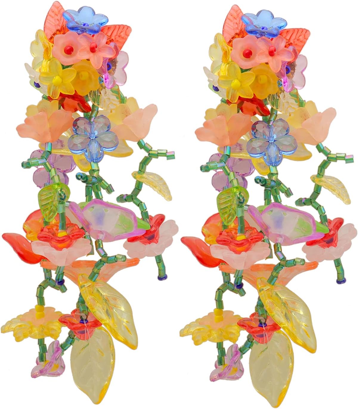 Rainbow Acrylic Flower Tassel Earrings for Women Handmade Colorful Leaf Flower Statement Earring Exaggerated Bead Rainbow Floral Dangle Earring for Boho Beach Jewelry - Image 6